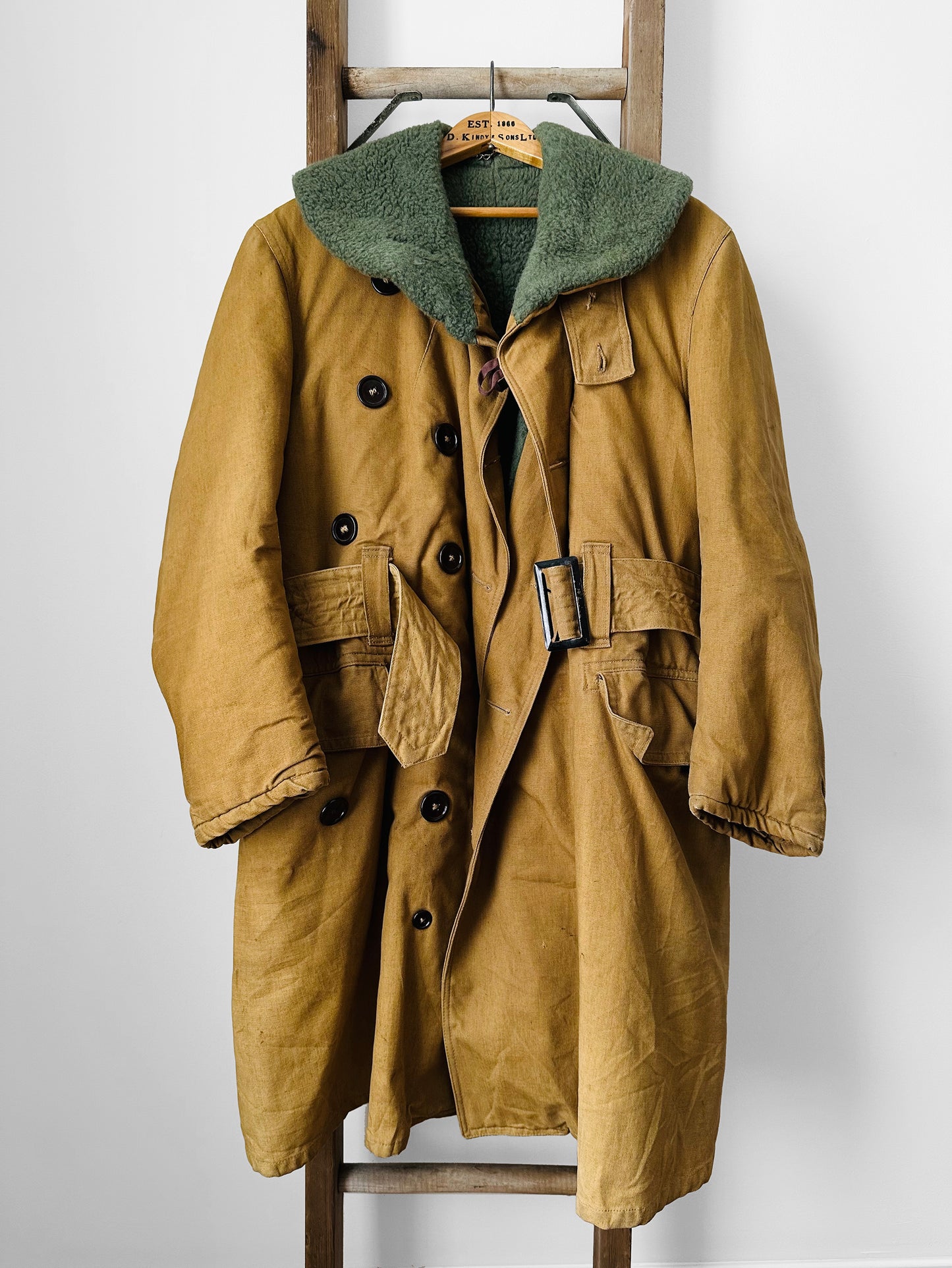 1950s Canadian Military Shearling Canvas Heavy Belted Cold Weather Jacket - Sz.39