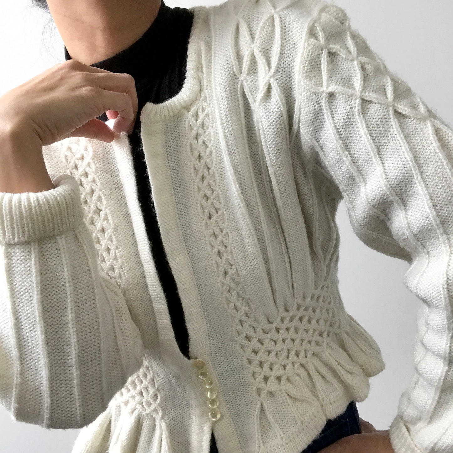 1950s Off-White Peplum Knit Cardigan Sweater