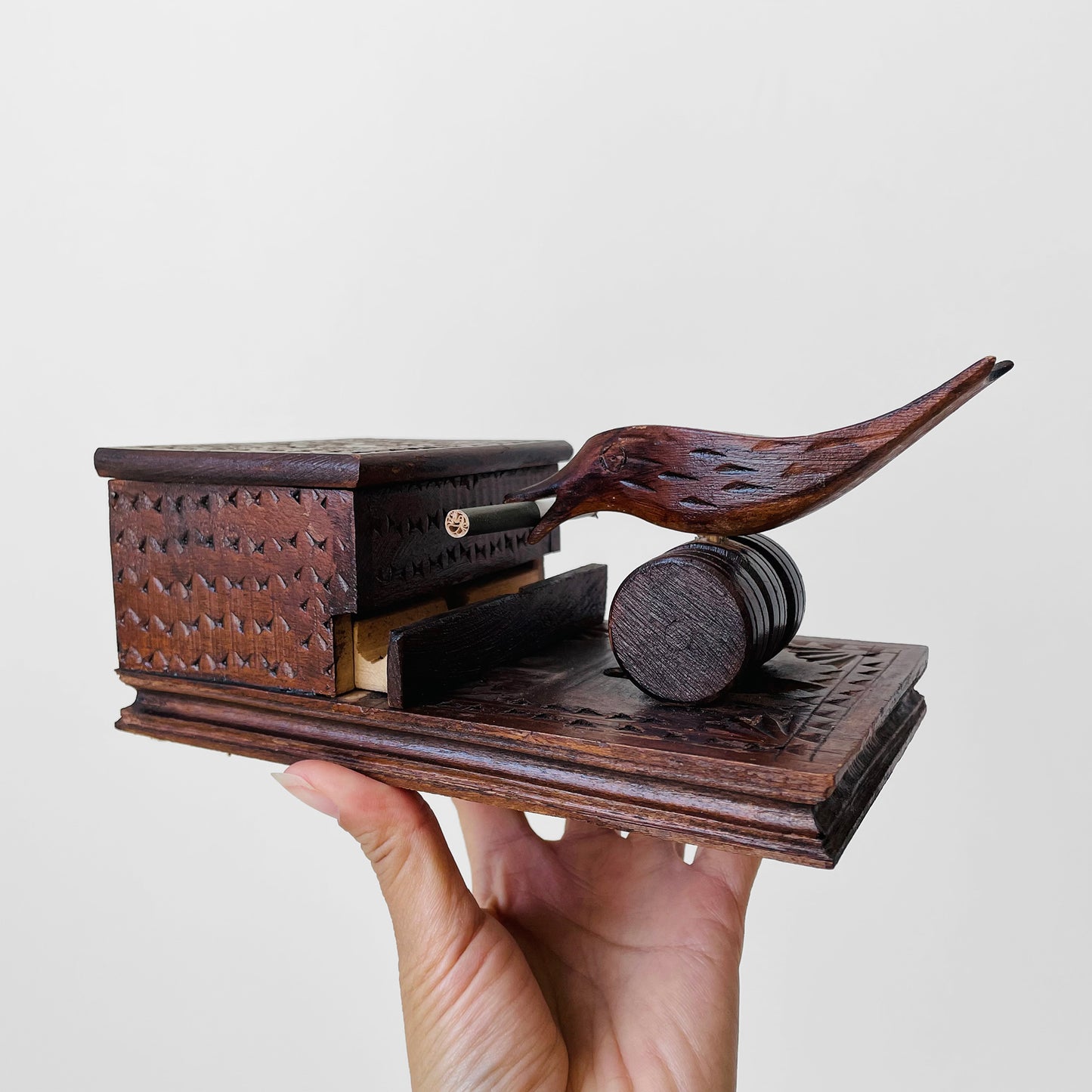 1950s Carved-Wood Birdie Cigarette Dispenser Box