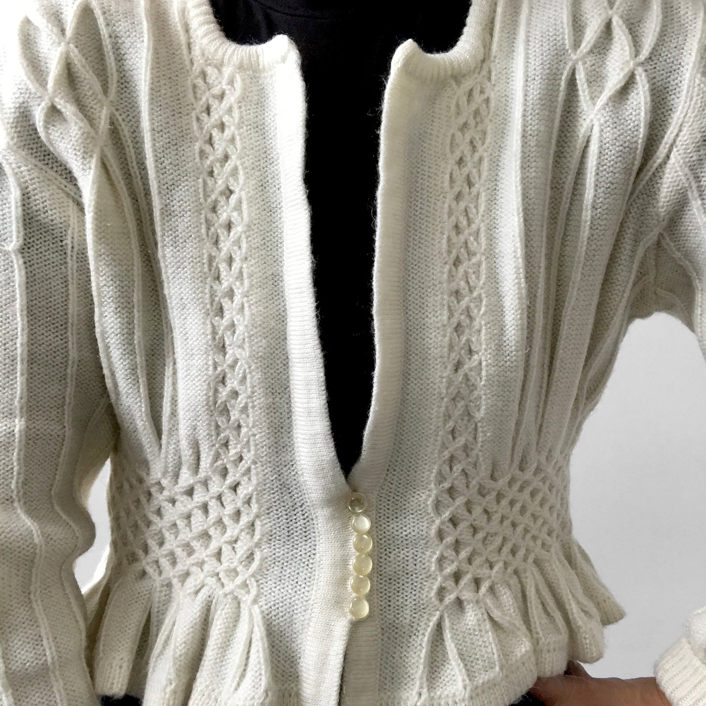 1950s Off-White Peplum Knit Cardigan Sweater