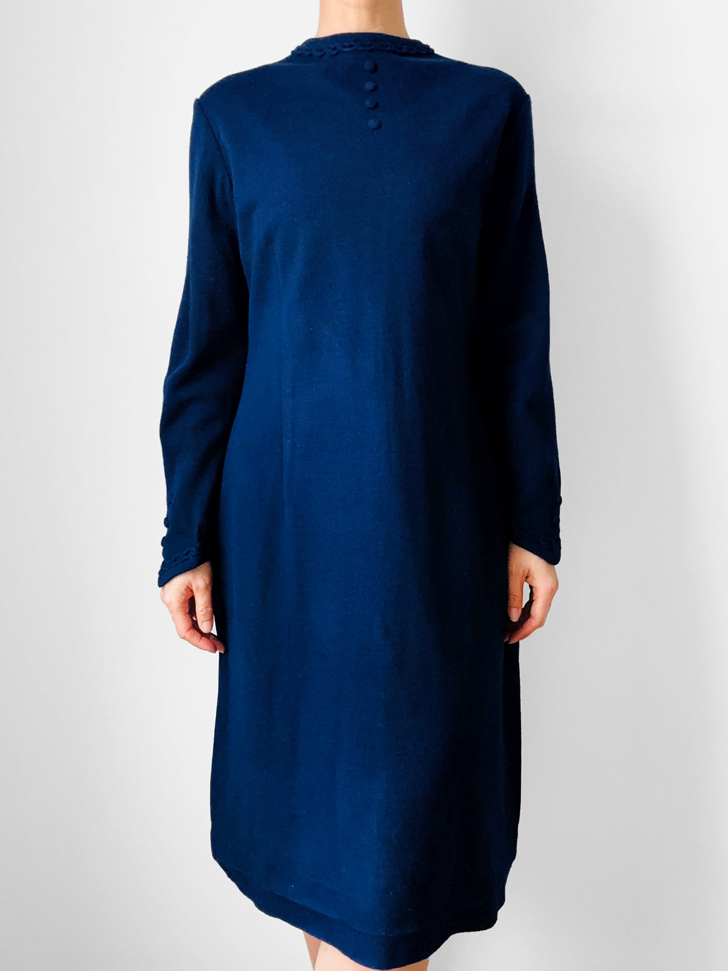 1960s Navy Blue Woven Knit Wool Shift Dress - Sz. S