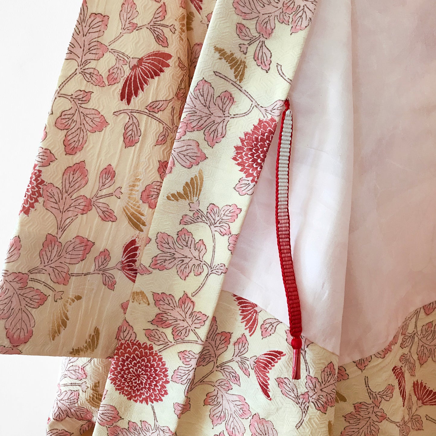 Silk-Blend Cream and Pink Botanical Haori Kimono Jacket