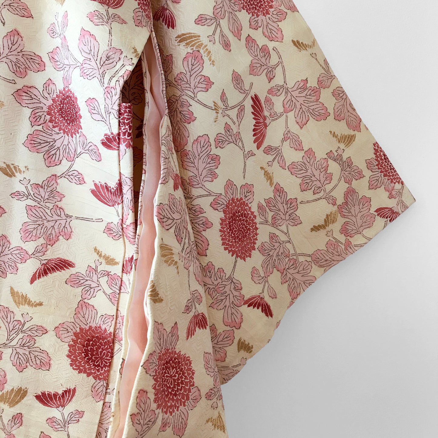 Silk-Blend Cream and Pink Botanical Haori Kimono Jacket