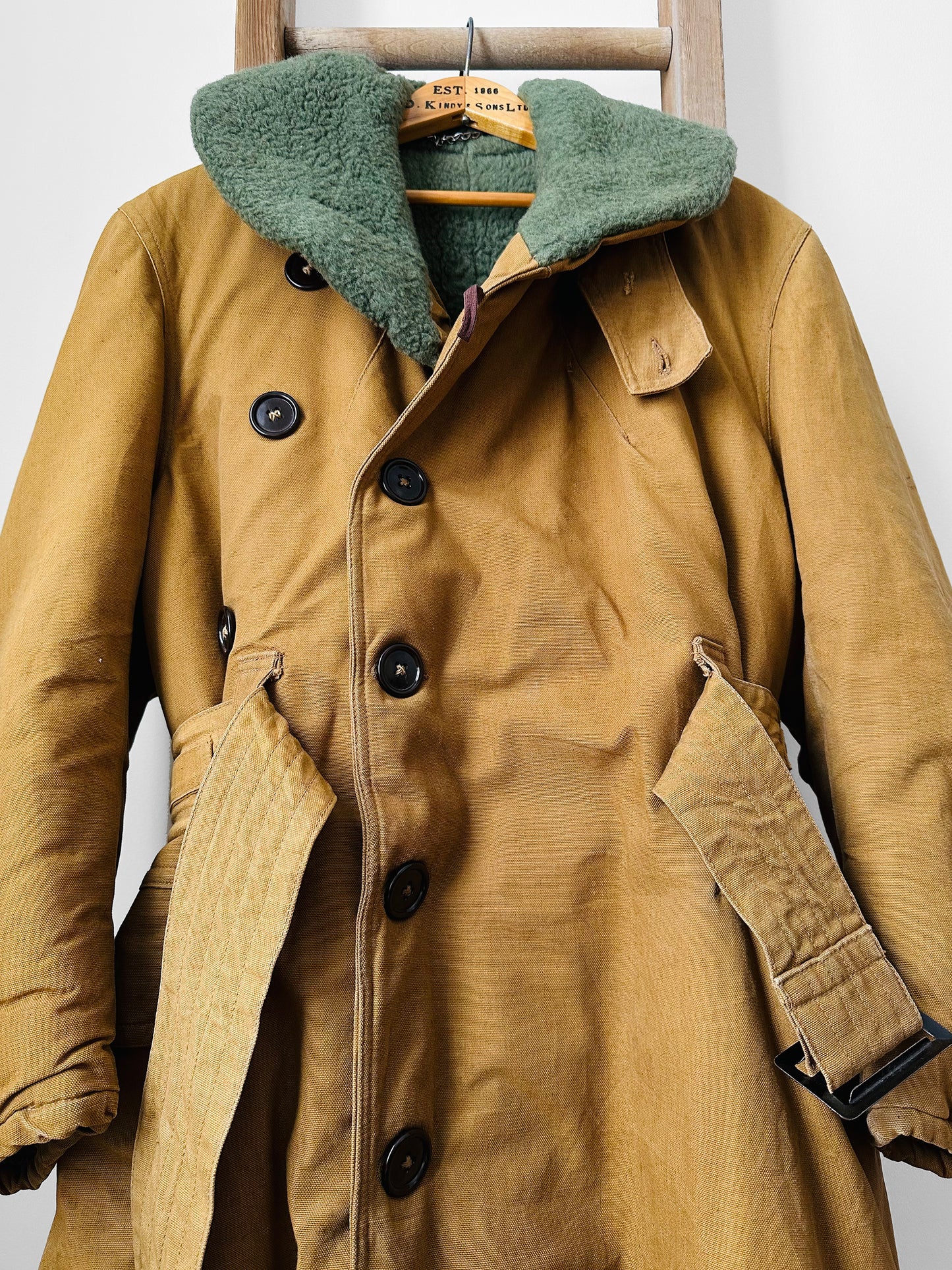 1950s Canadian Military Shearling Canvas Heavy Belted Cold Weather Jacket - Sz.39