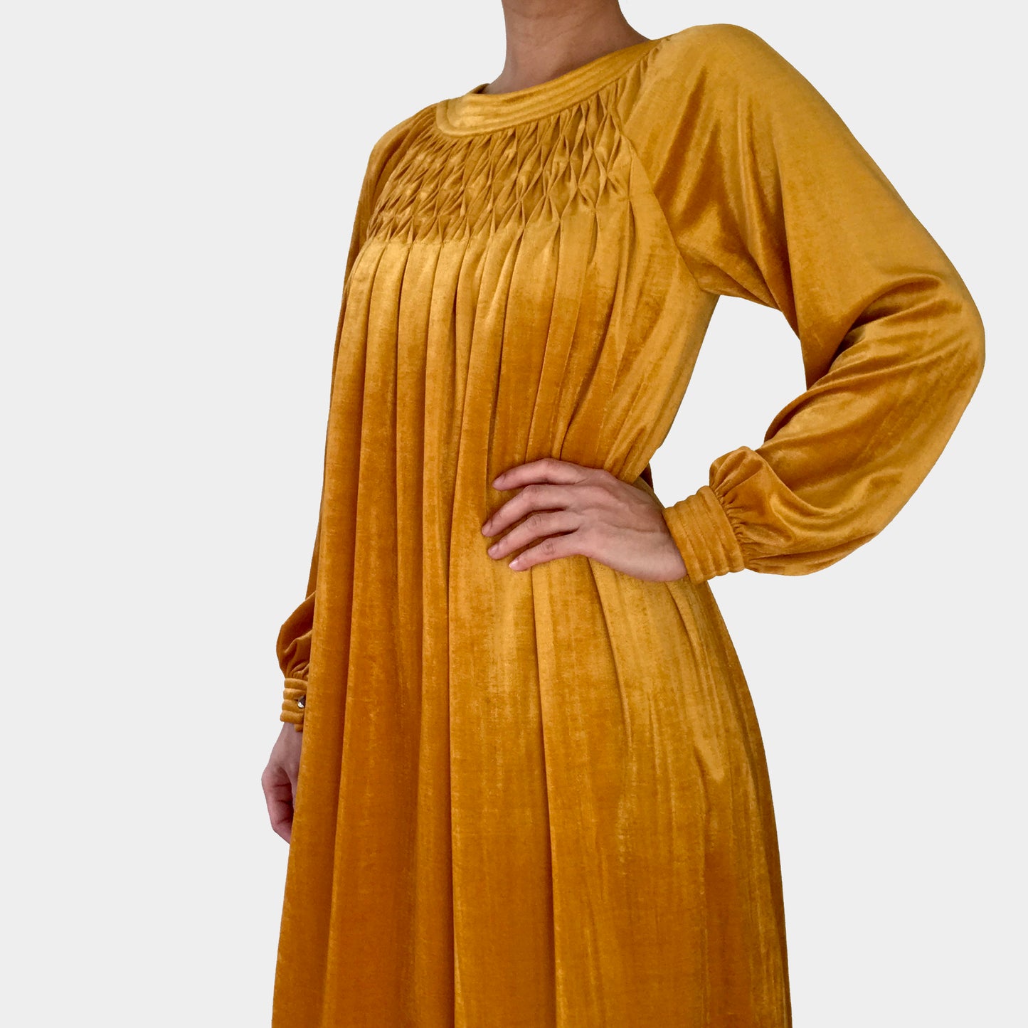 1960s - 1970s Mustard-Yellow Velour Pleated-Chest A-Line Knee-Length Dress