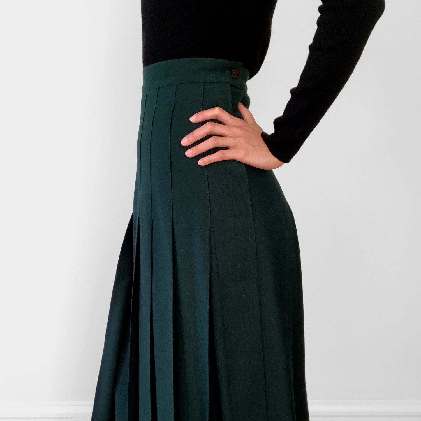 Wool Hunter-Green Knife Pleat Midi Skirt