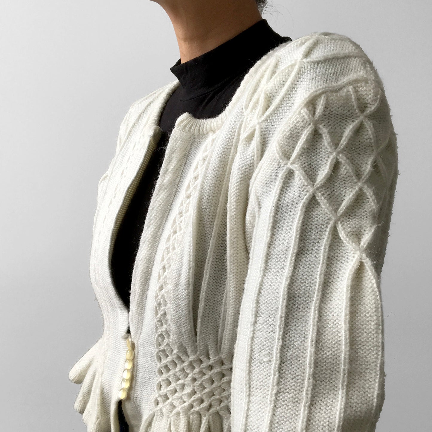 1950s Off-White Peplum Knit Cardigan Sweater