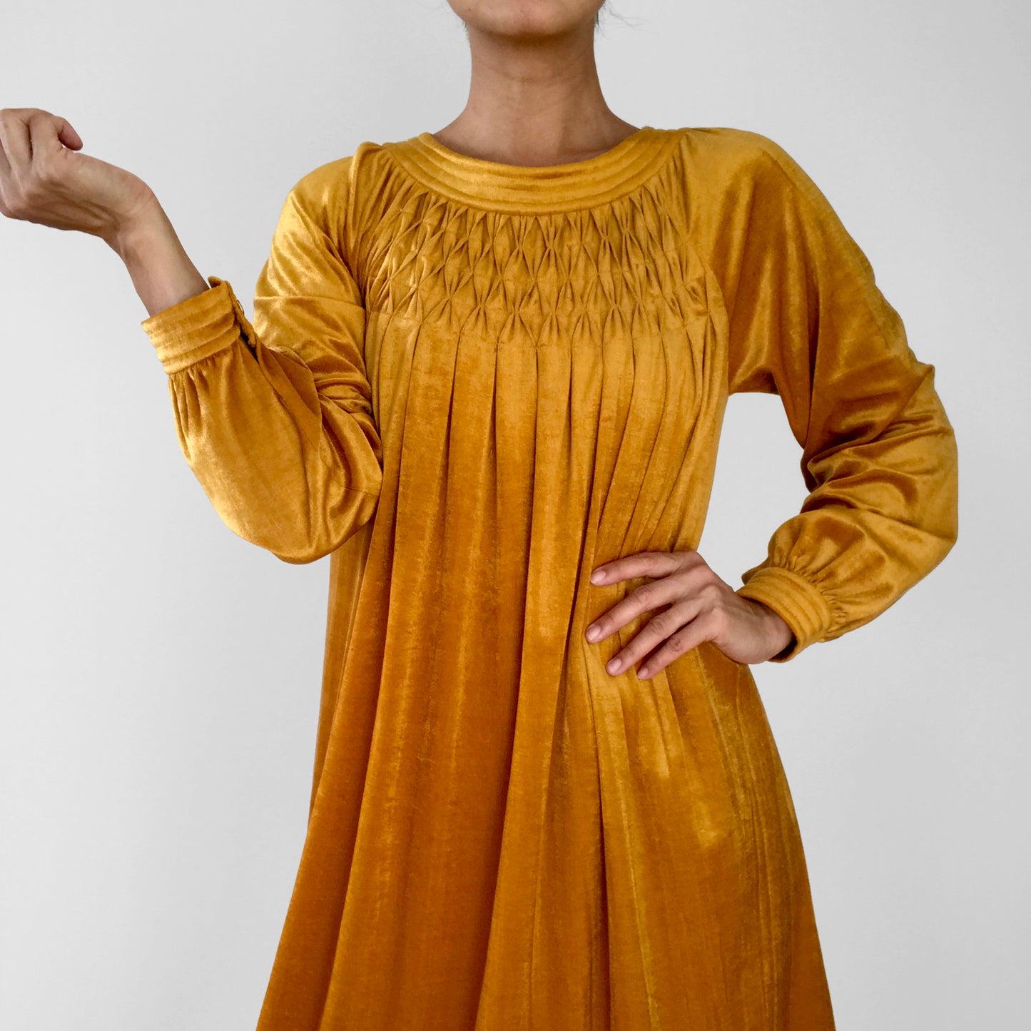 1960s - 1970s Mustard-Yellow Velour Pleated-Chest A-Line Knee-Length Dress