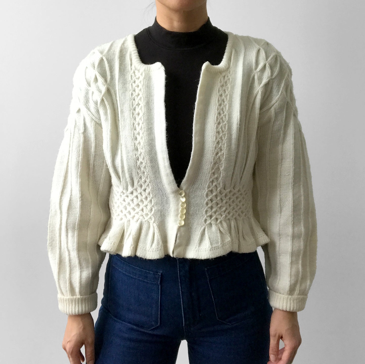 1950s Off-White Peplum Knit Cardigan Sweater