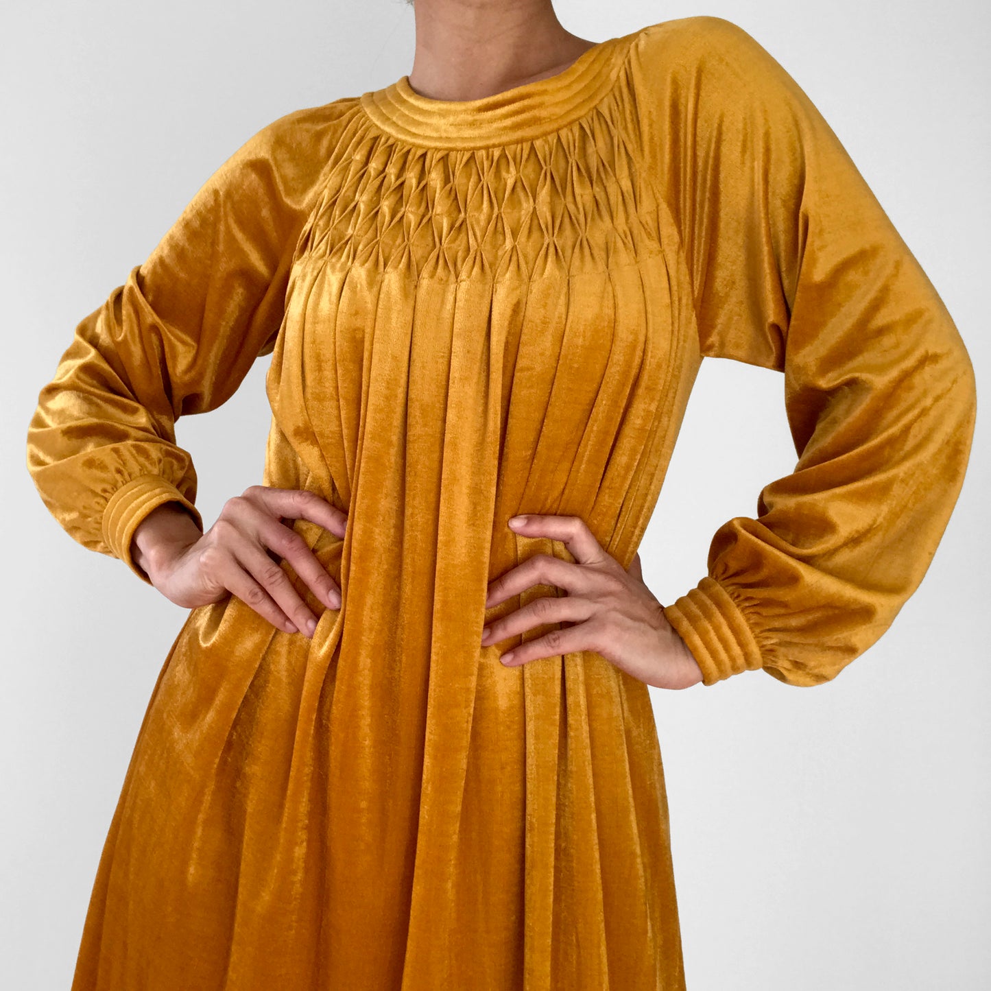 1960s - 1970s Mustard-Yellow Velour Pleated-Chest A-Line Knee-Length Dress