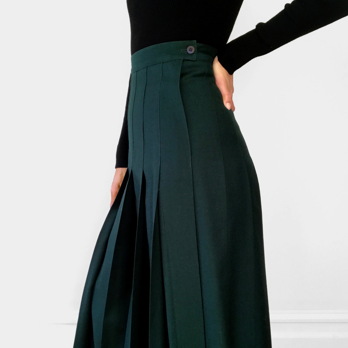 Wool Hunter-Green Knife Pleat Midi Skirt