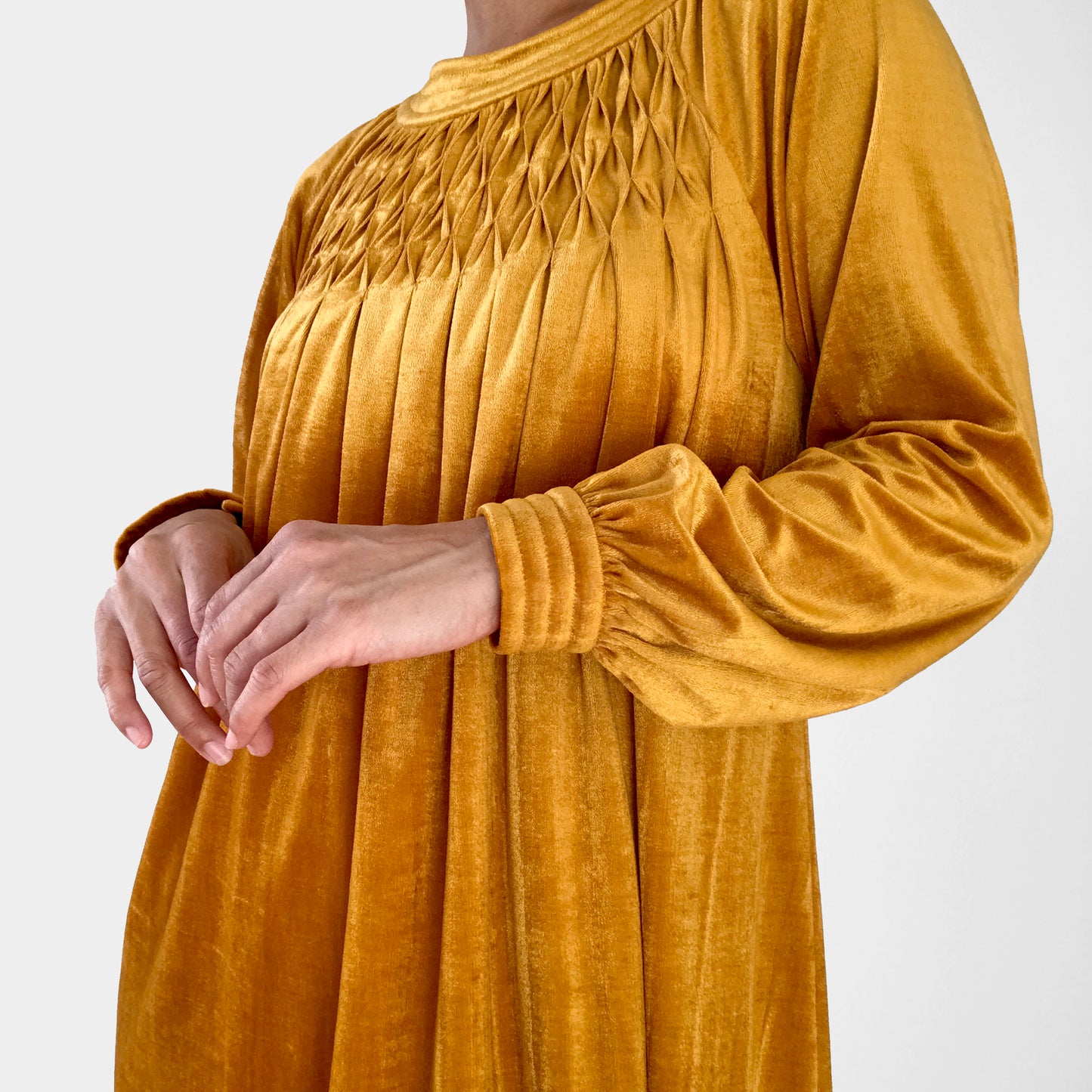 1960s - 1970s Mustard-Yellow Velour Pleated-Chest A-Line Knee-Length Dress