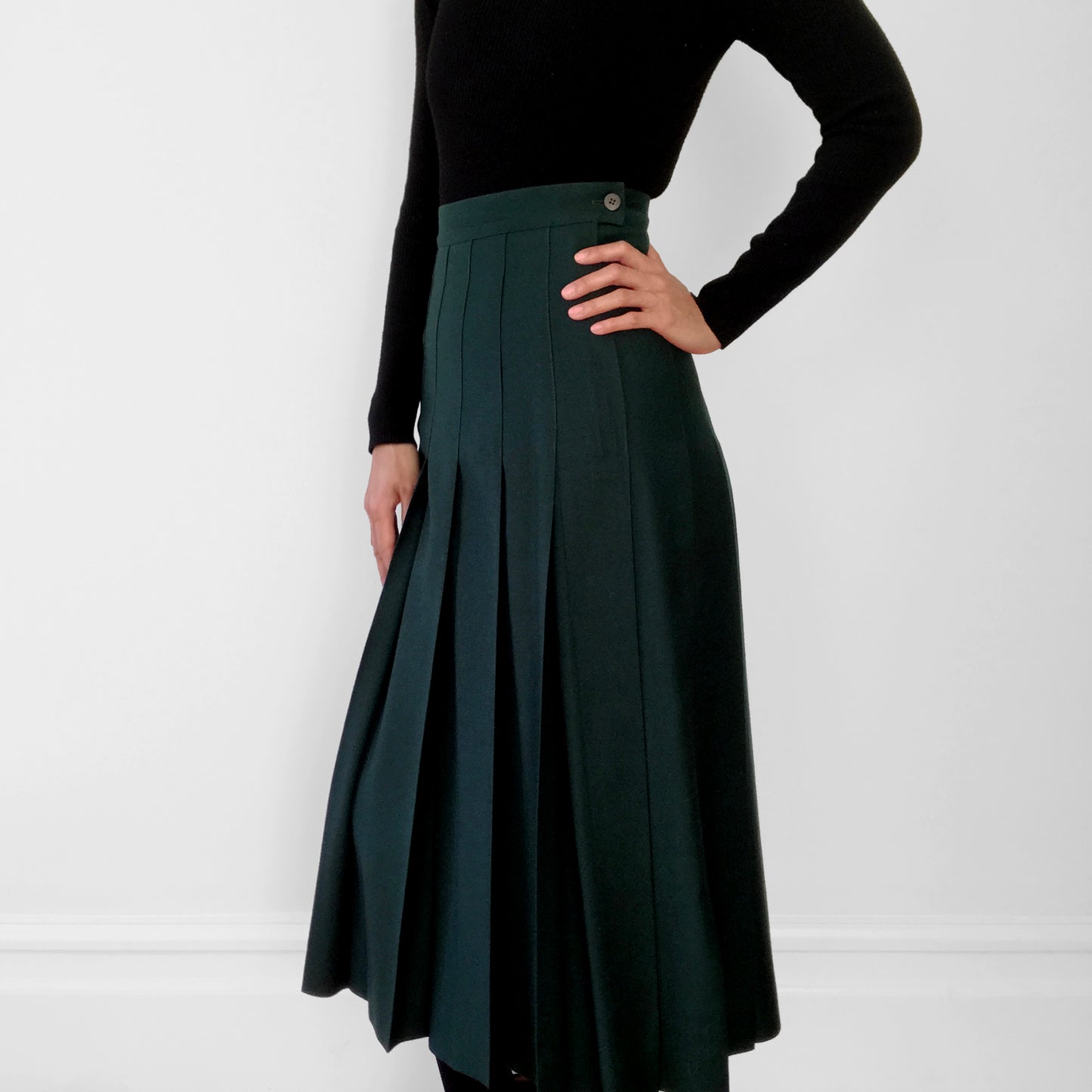 Wool Hunter-Green Knife Pleat Midi Skirt