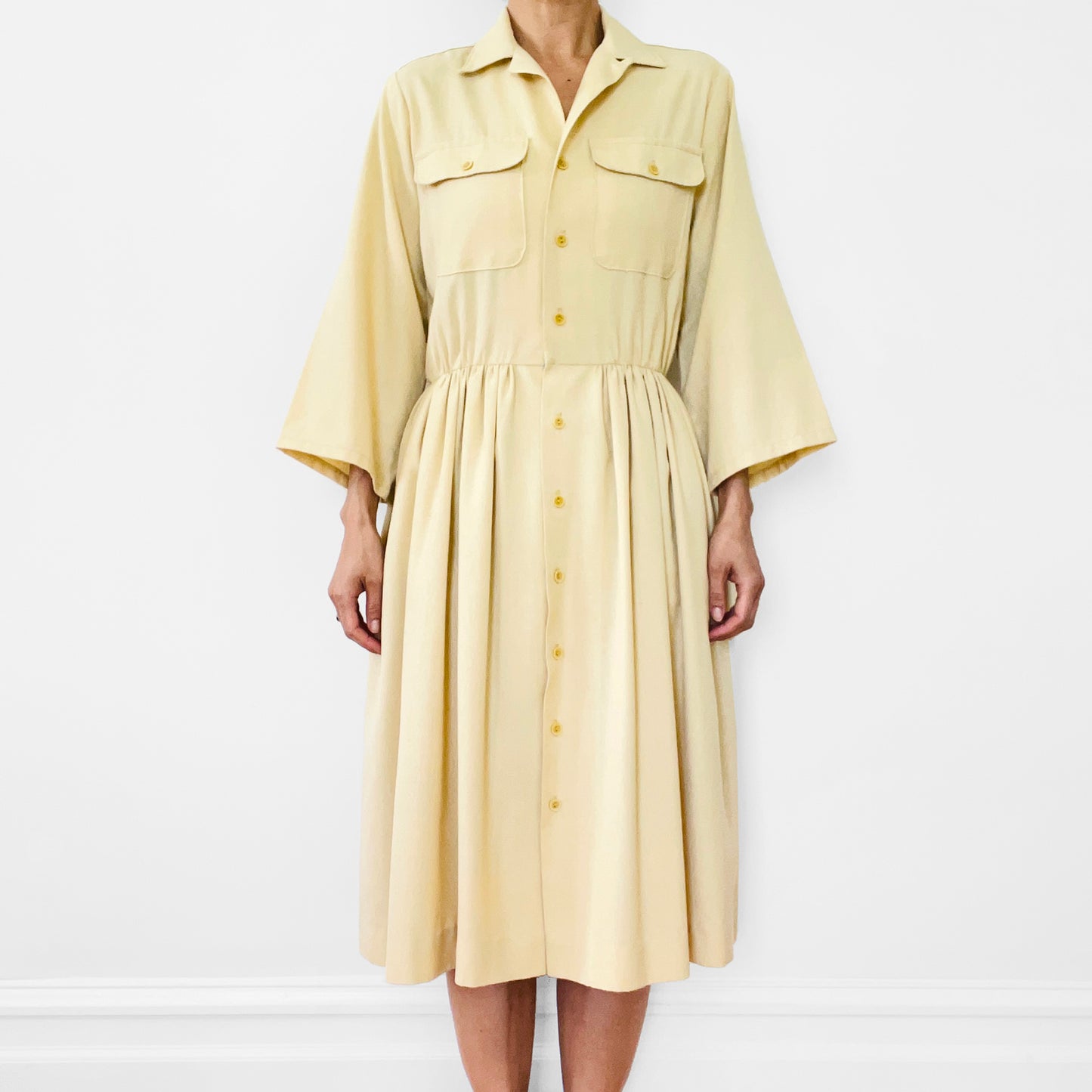 1960s Butter Yellow Pleated Handmade Button-Front Collared Bell-Sleeve Knee-Length Dress