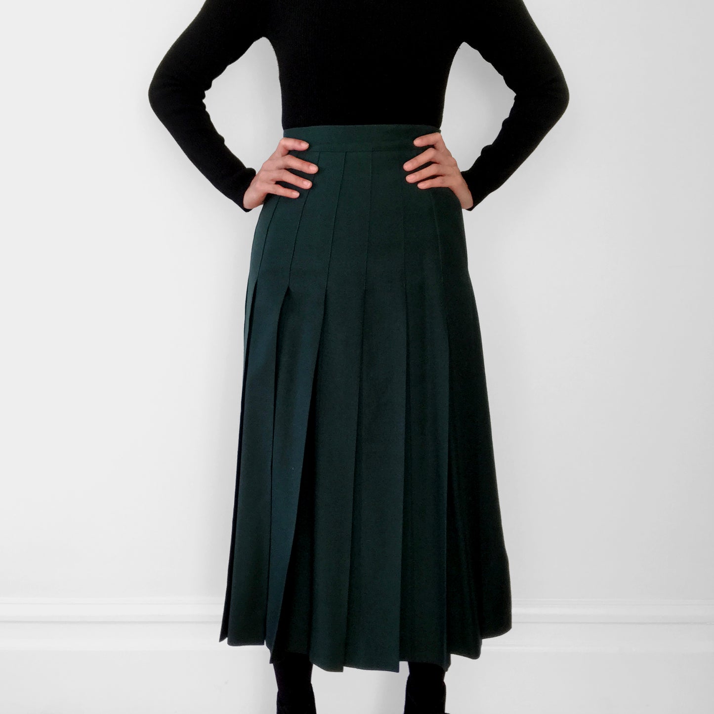 Wool Hunter-Green Knife Pleat Midi Skirt