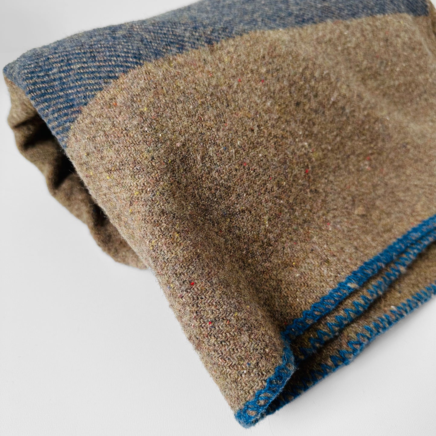 Taupe Grey and Blue Striped Military Well-Worn Wool Blanket