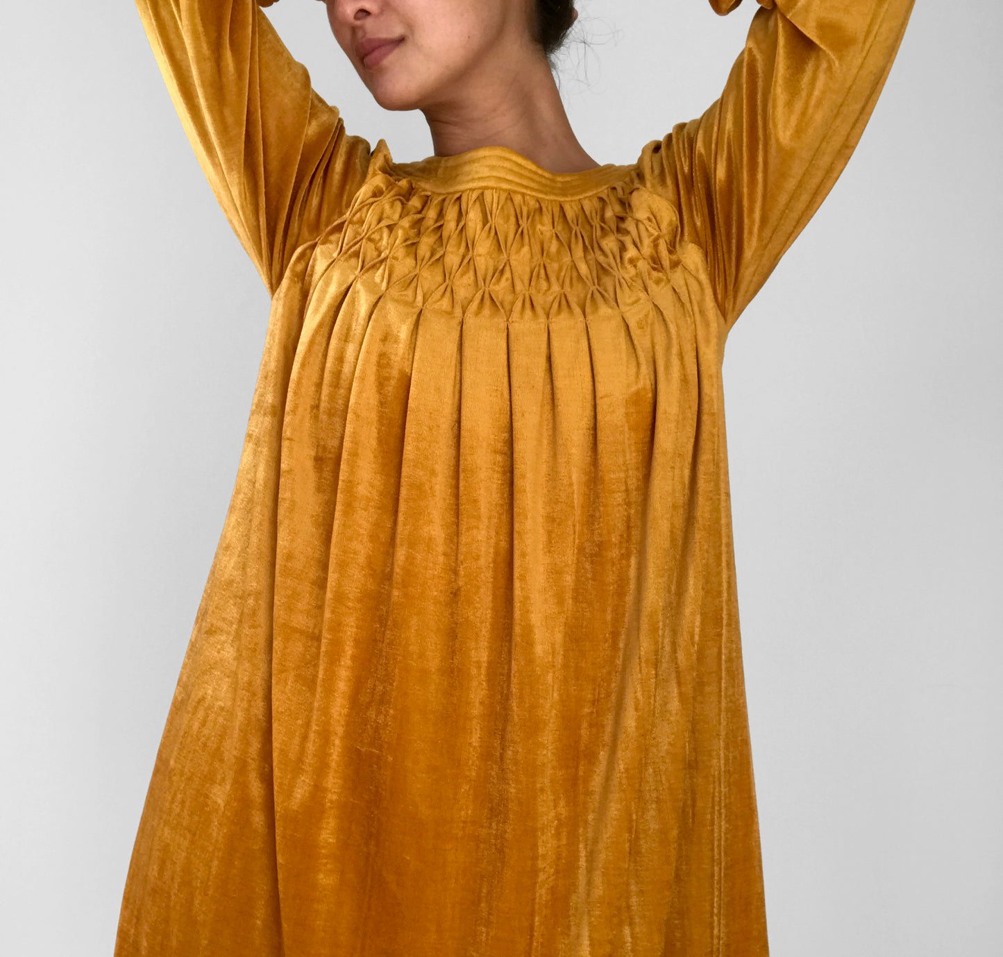 1960s - 1970s Mustard-Yellow Velour Pleated-Chest A-Line Knee-Length Dress