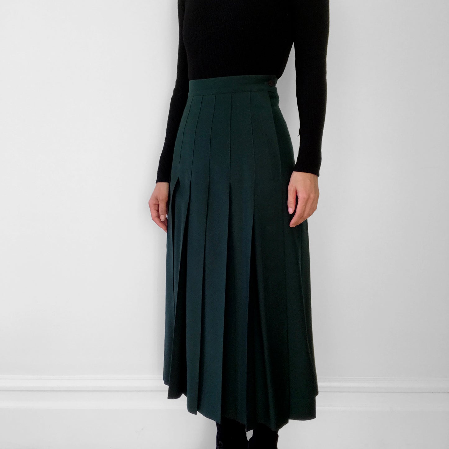 Wool Hunter-Green Knife Pleat Midi Skirt