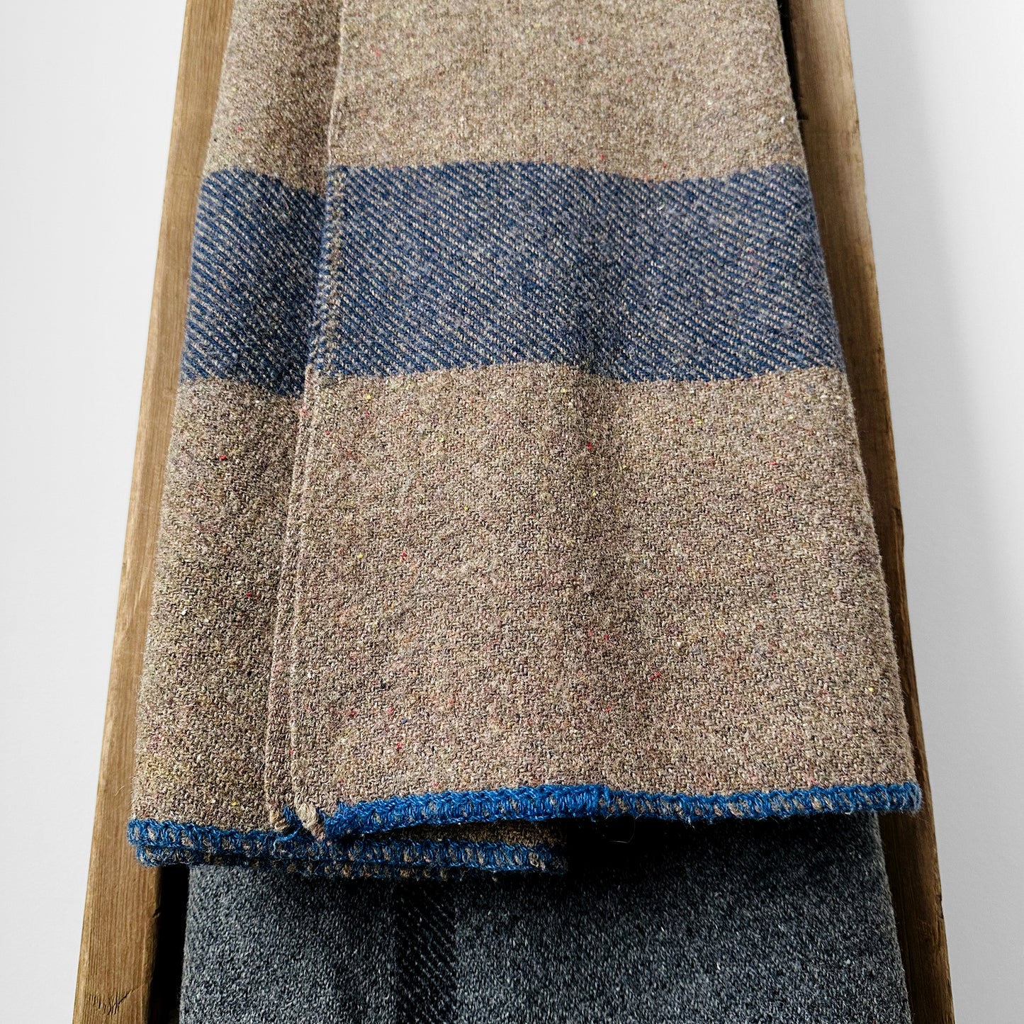 Taupe Grey and Blue Striped Military Well-Worn Wool Blanket