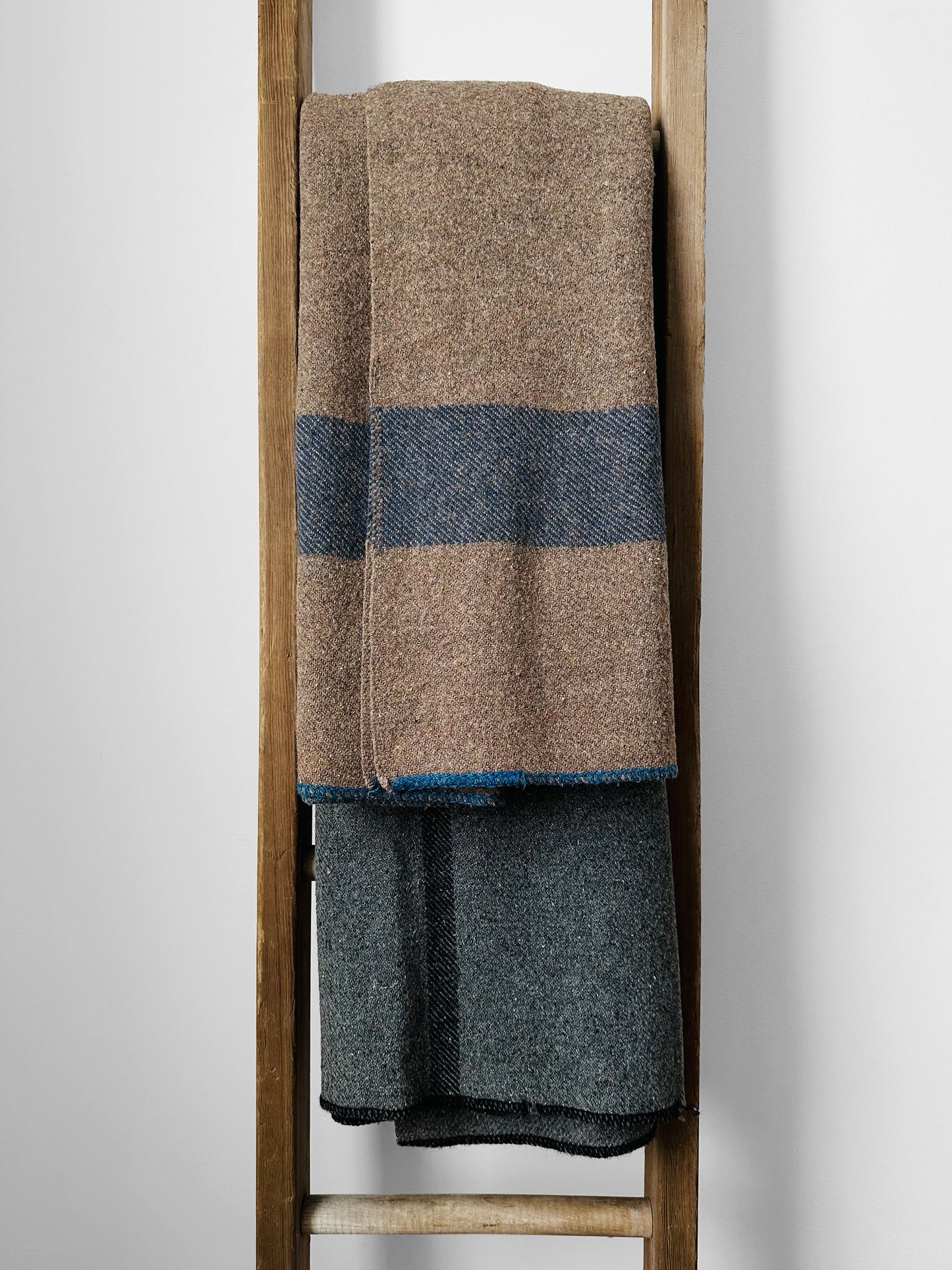 Taupe Grey and Blue Striped Military Well-Worn Wool Blanket