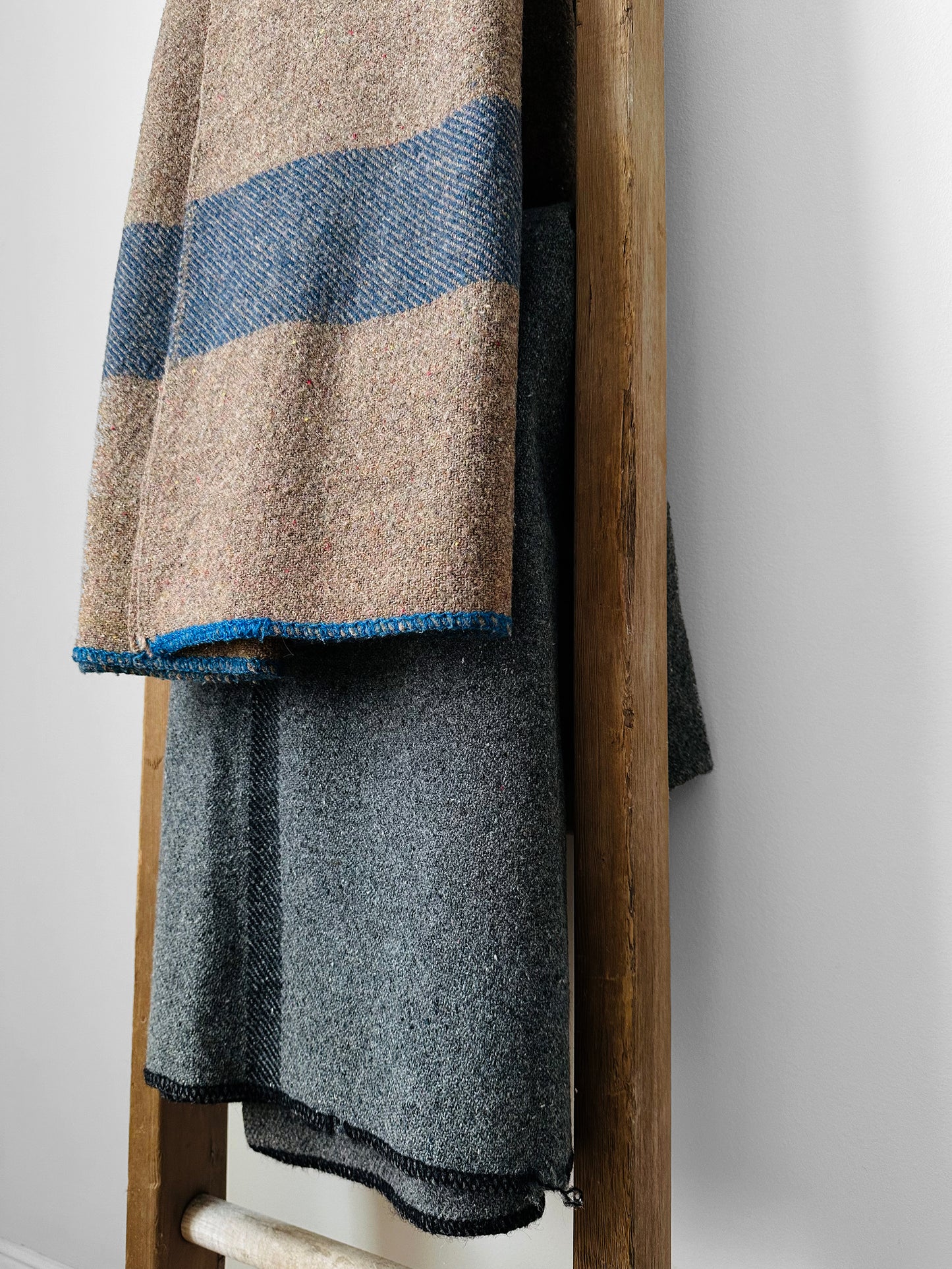 Taupe Grey and Blue Striped Military Well-Worn Wool Blanket