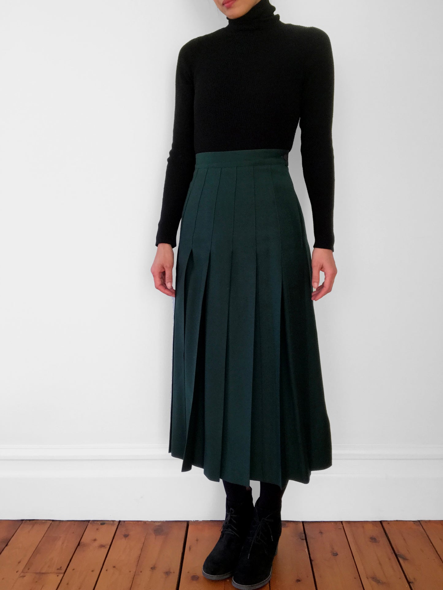 Wool Hunter-Green Knife Pleat Midi Skirt