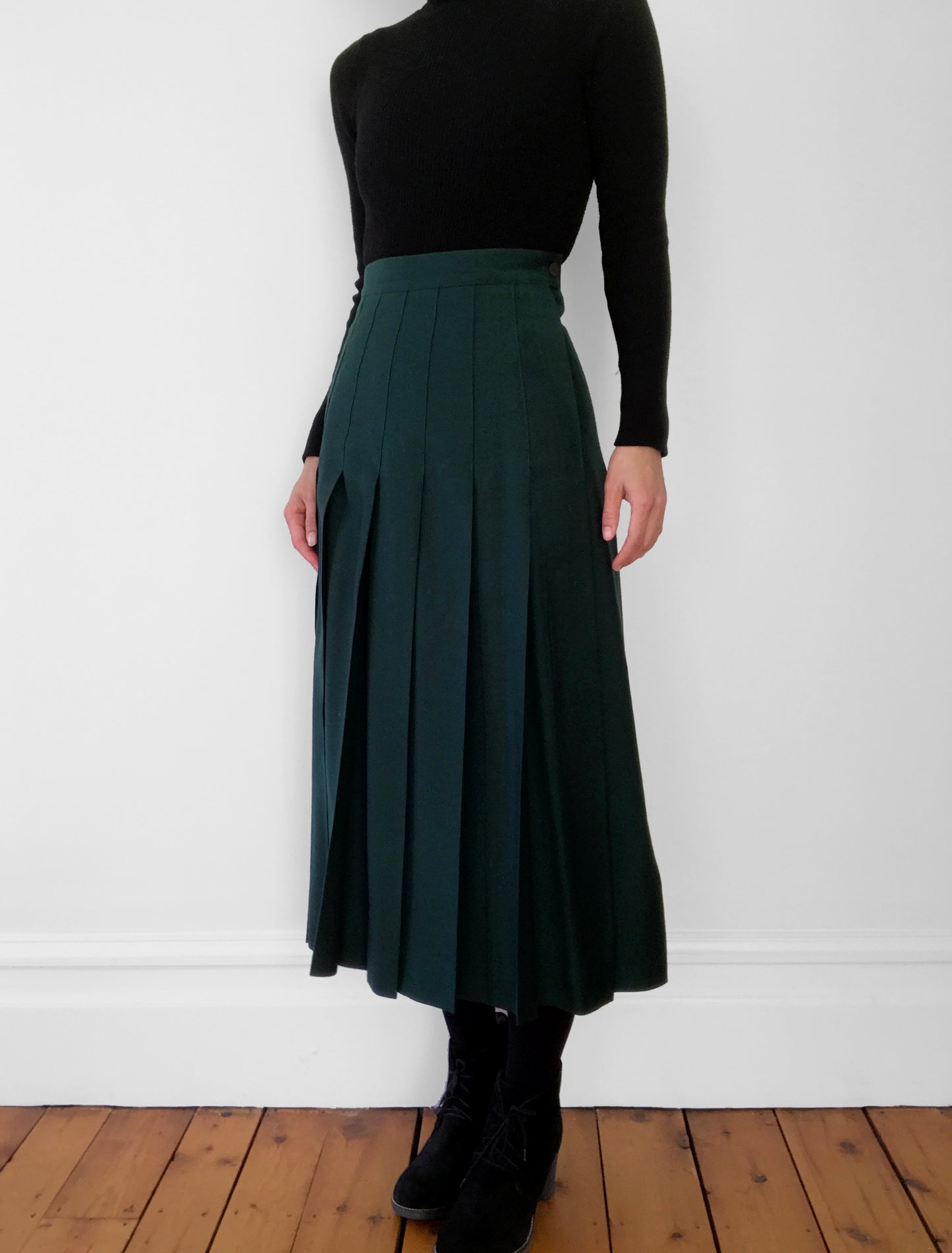 Wool Hunter-Green Knife Pleat Midi Skirt