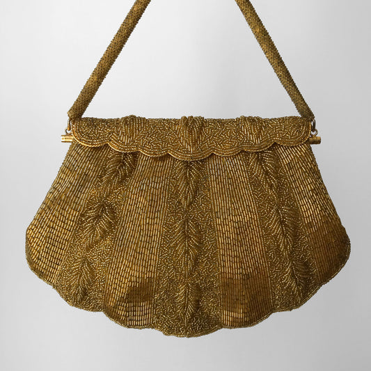 1980s Gold Beaded Leaf Embellished Scalloped-Edge Evening-Bag Purse