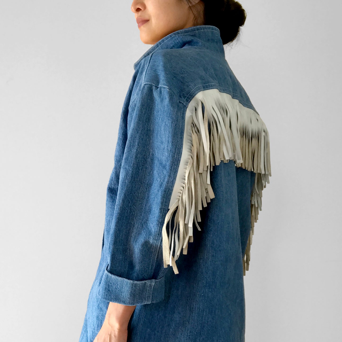 Custom Made Leather Fringe Back Long Denim Jean Blazer Jacket