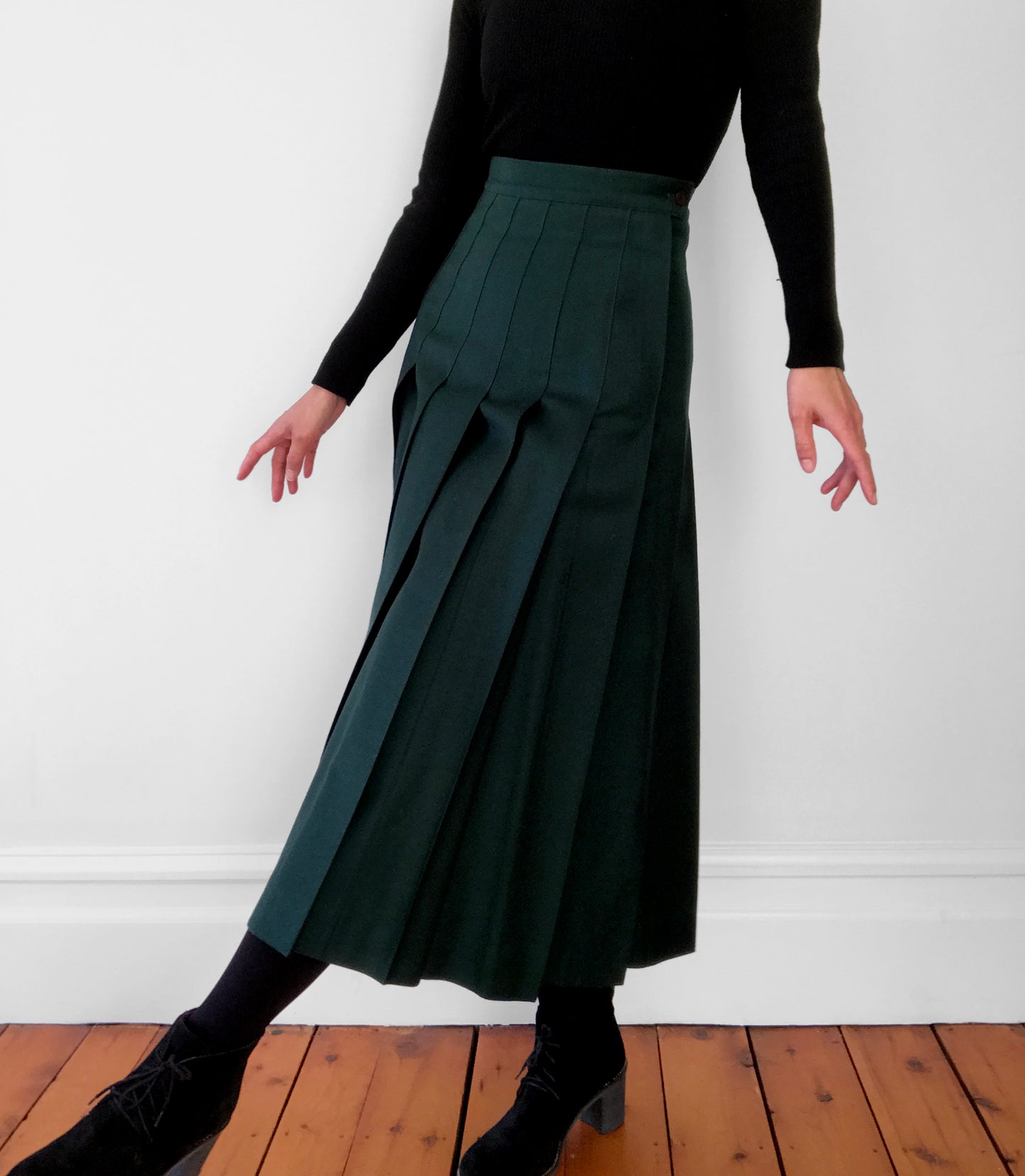 Wool Hunter-Green Knife Pleat Midi Skirt