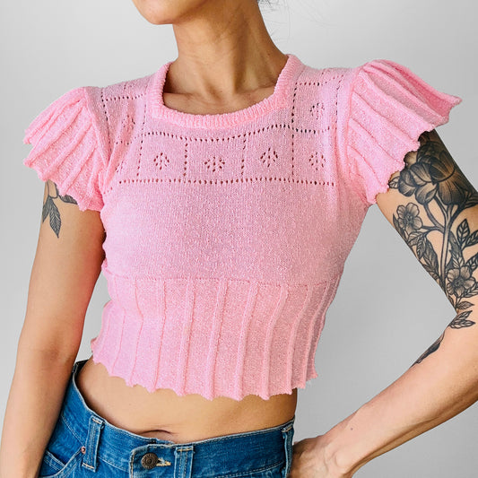 1970s Simpsons Baby Pink Short Flutter Sleeve Crop Knit Top