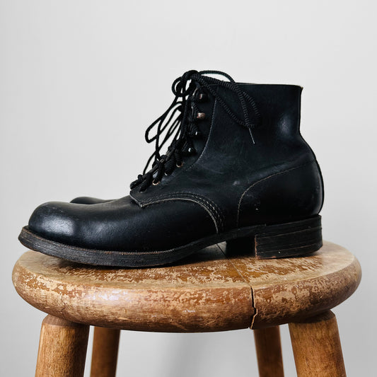 1940s - 1950s Well-Worn Black Leather Military Style Combat Boot Lace-Up Tap Dance Boots - Sz. 39