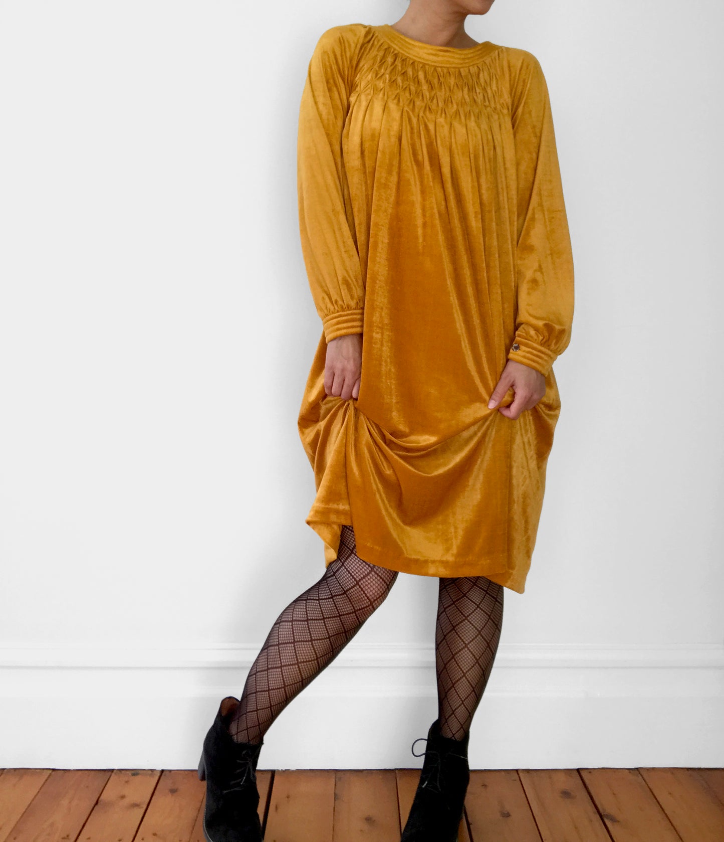 1960s - 1970s Mustard-Yellow Velour Pleated-Chest A-Line Knee-Length Dress