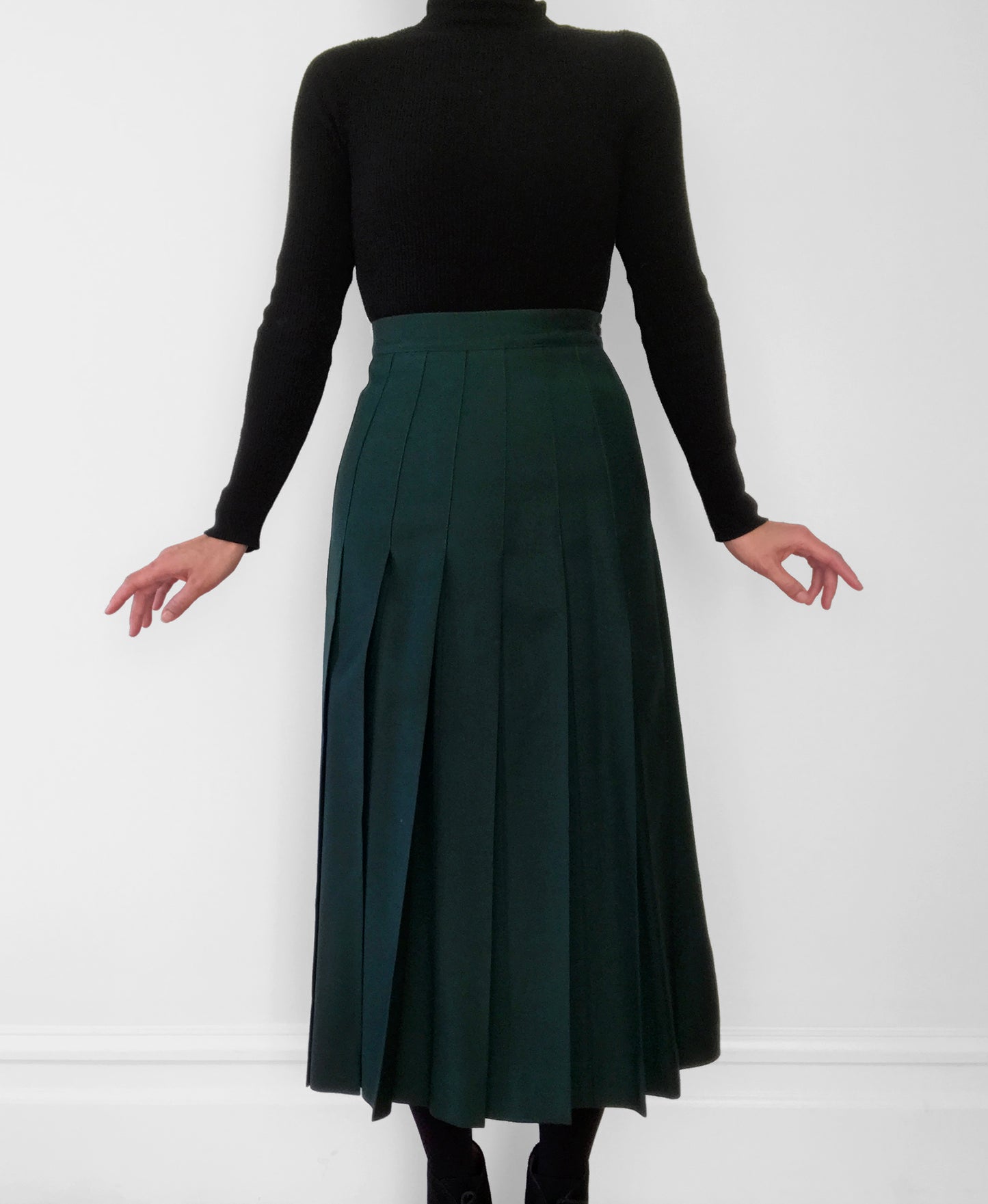 Wool Hunter-Green Knife Pleat Midi Skirt