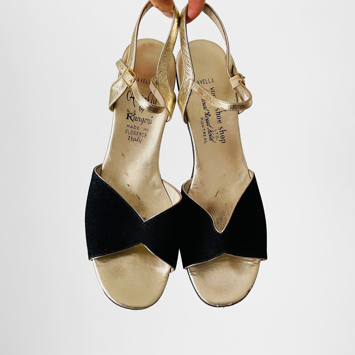 1970s Made in Italy Amalfi by Rangoni Black and Gold Velvet Open Toed Low Heel Sandals