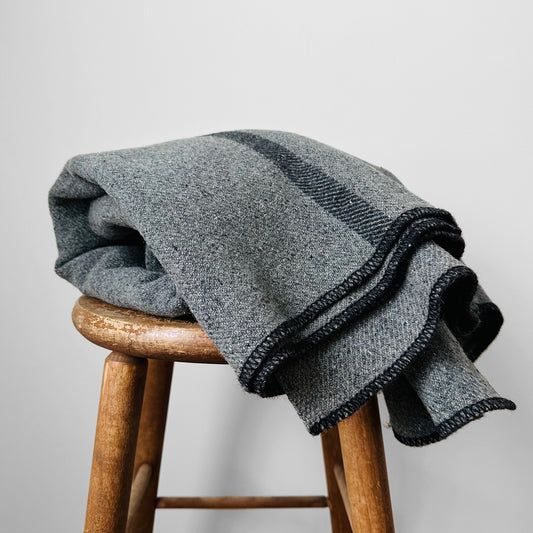 Grey and Black Striped Military Well-Worn Wool Blanket