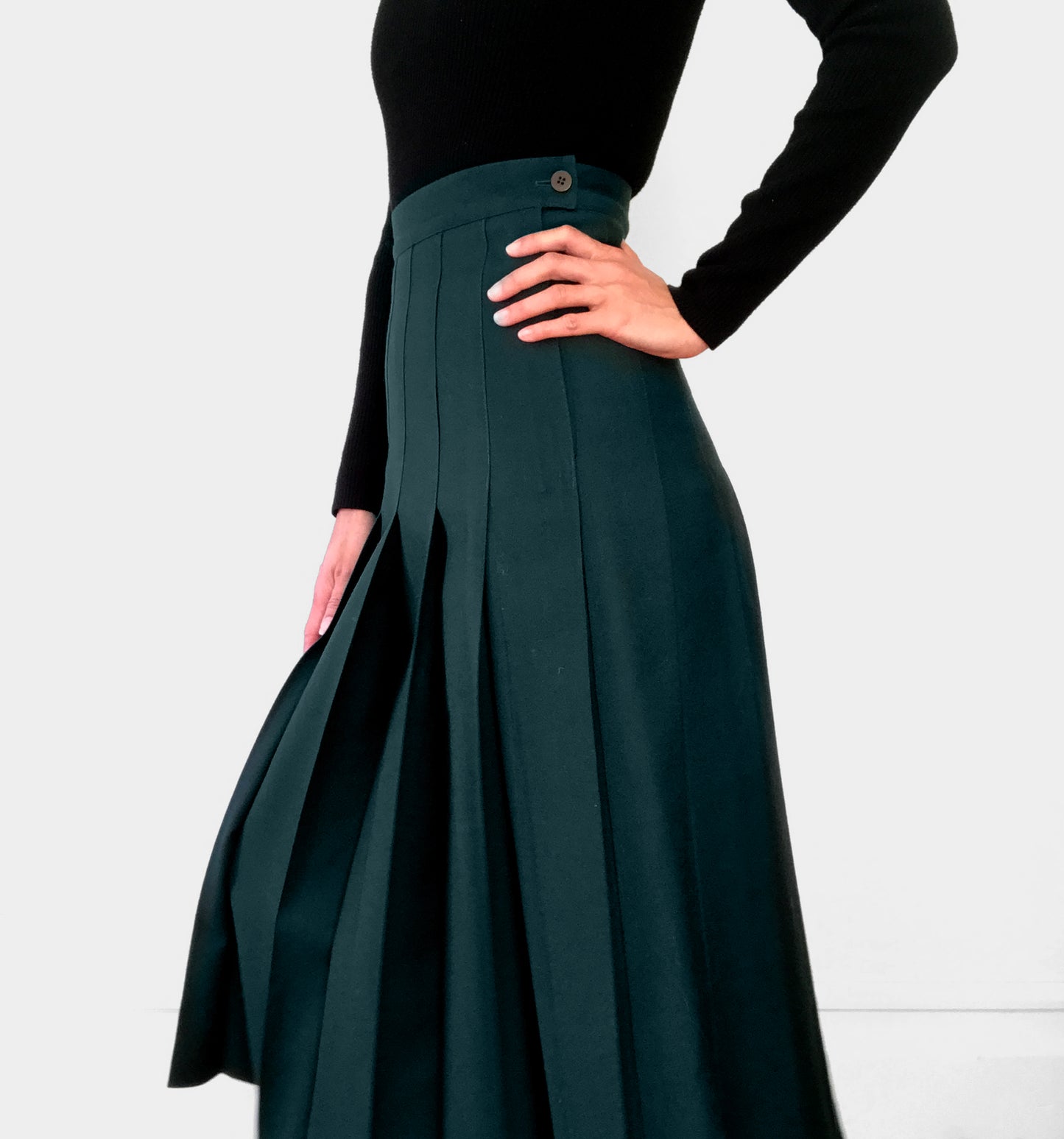 Wool Hunter-Green Knife Pleat Midi Skirt