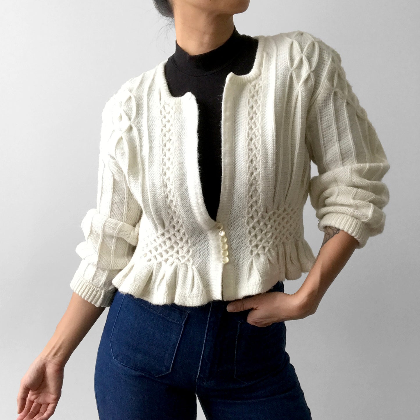 1950s Off-White Peplum Knit Cardigan Sweater