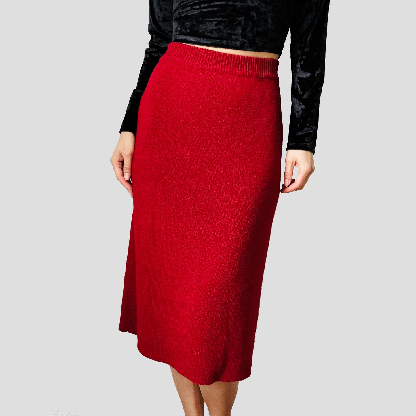 1990s Deep Red Woven Knit Elastic Waist Midi-Length Tube Skirt - Waist 29-34