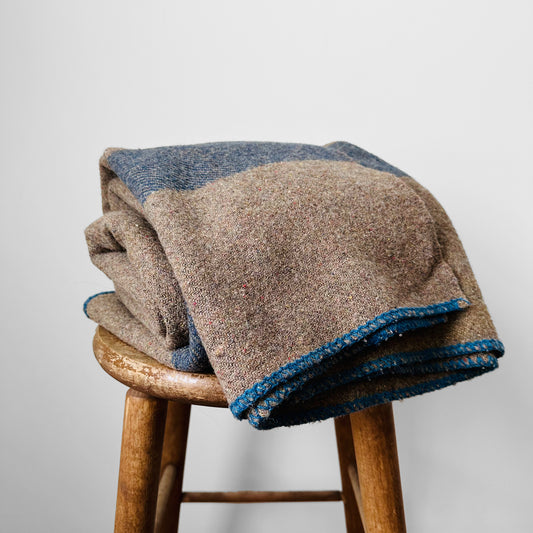 Taupe Grey and Blue Striped Military Well-Worn Wool Blanket