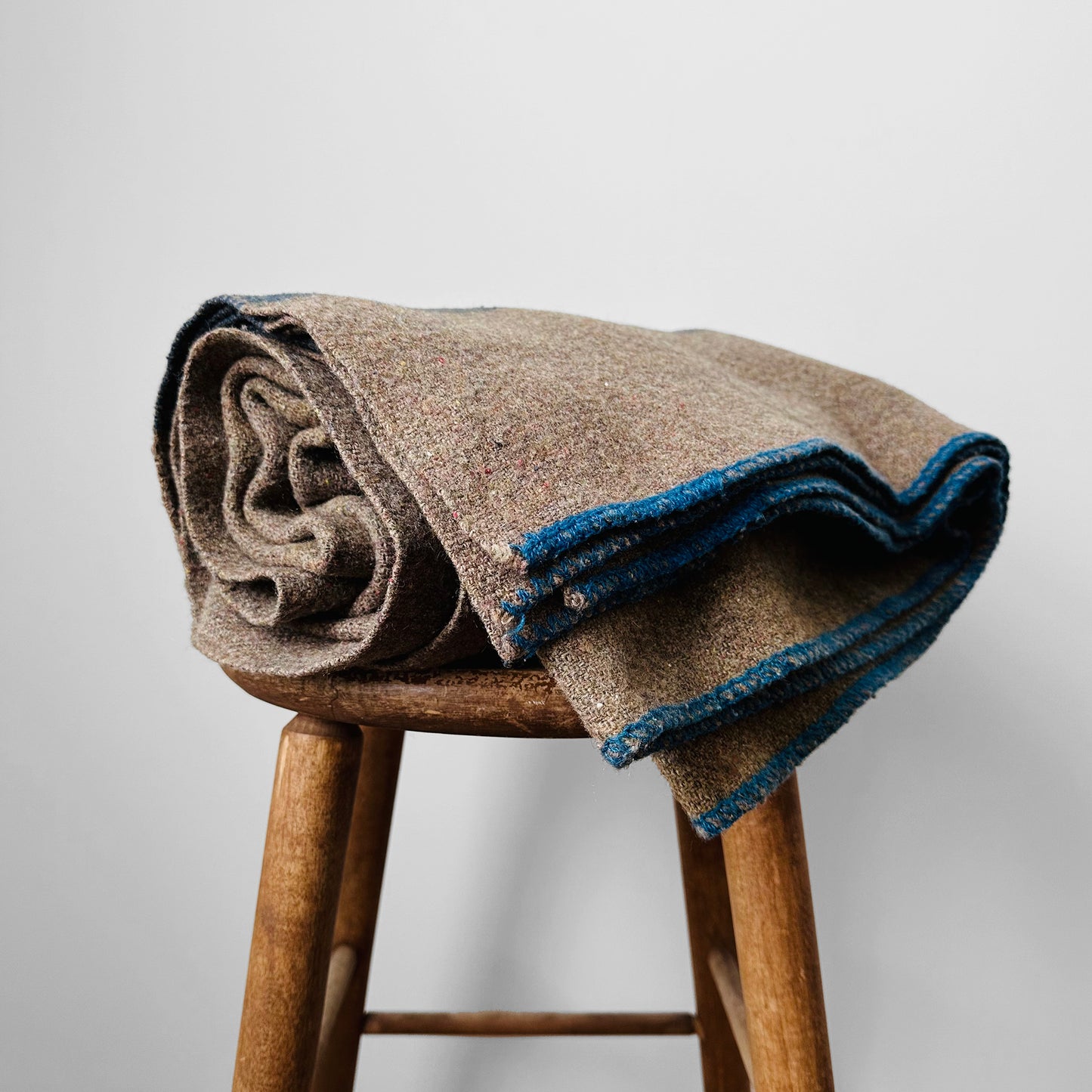 Taupe Grey and Blue Striped Military Well-Worn Wool Blanket