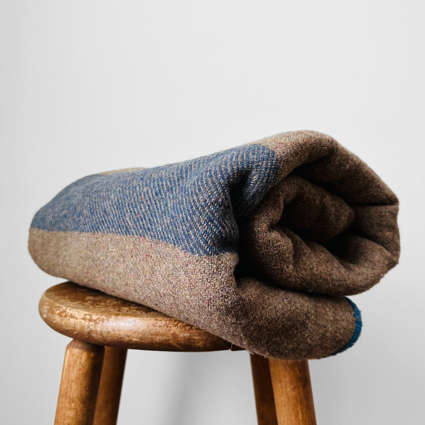 Taupe Grey and Blue Striped Military Well-Worn Wool Blanket