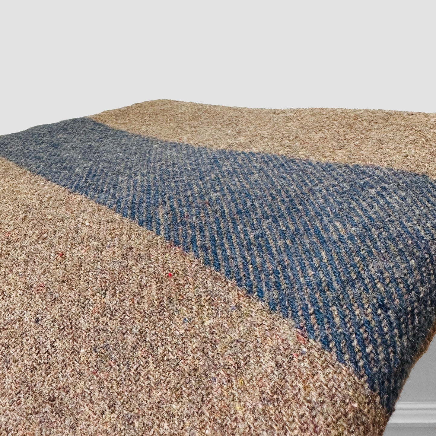 Taupe Grey and Blue Striped Military Well-Worn Wool Blanket