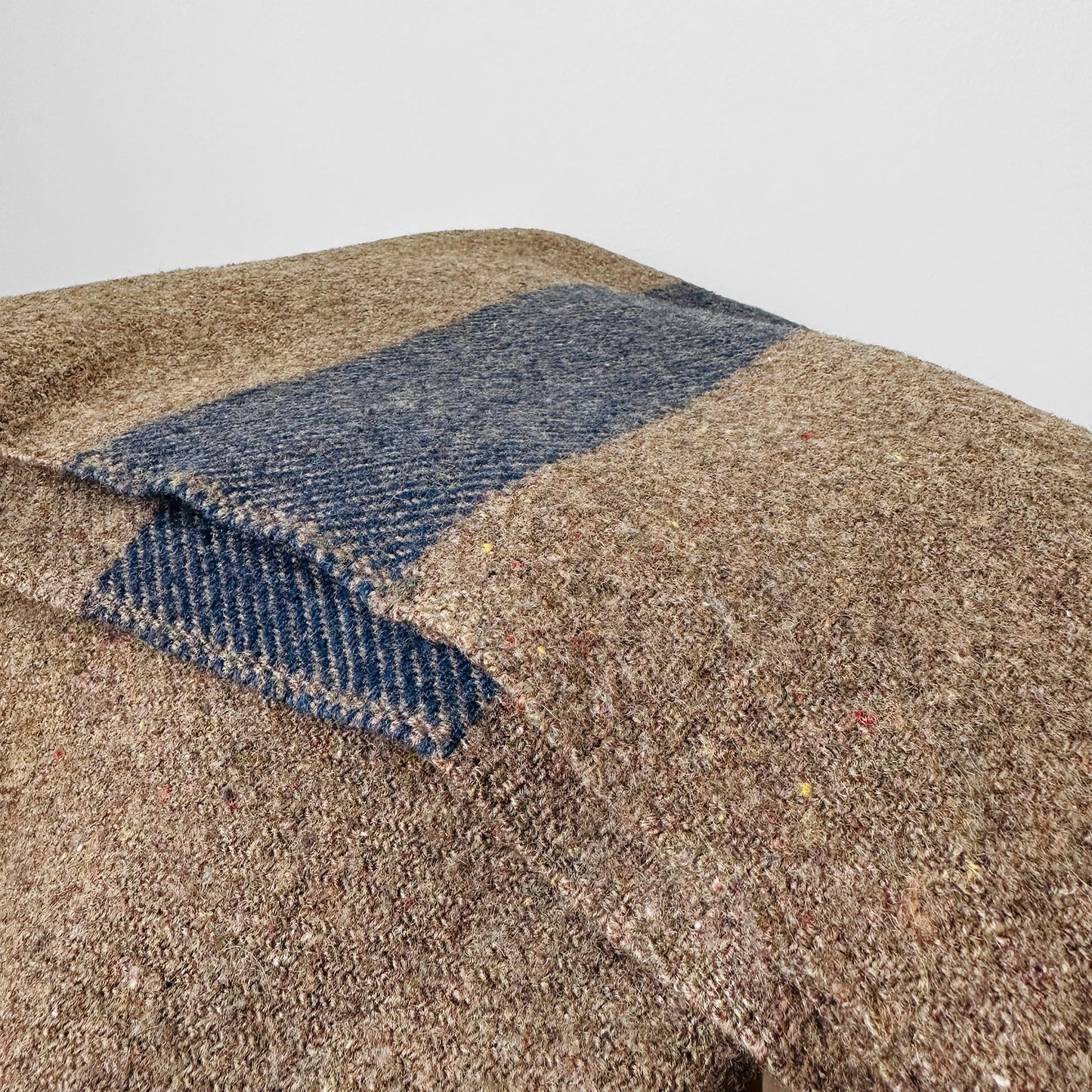 Taupe Grey and Blue Striped Military Well-Worn Wool Blanket