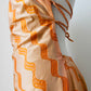 1970s Orange Organza Patterned Lace-Back Open-Back Floor-Length Tied-Back Lined Dress