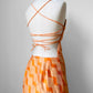 1970s Orange Organza Patterned Lace-Back Open-Back Floor-Length Tied-Back Lined Dress