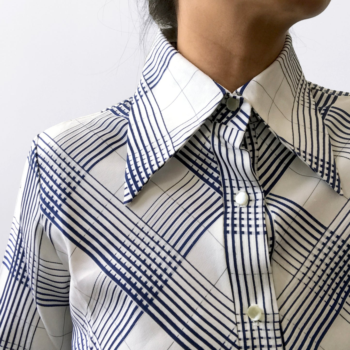 1970s Wide Lapel Button Front Blue and White Crosshatch Striped Shirt