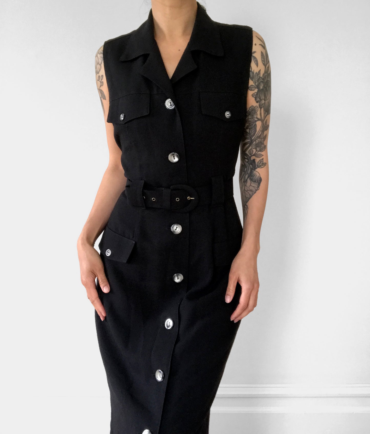 1990s Made in Canada Button-Front Belted Long Collared Sleeveless Safari-Style Dress