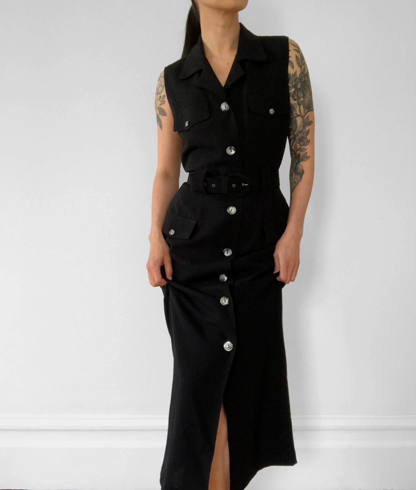 1990s Made in Canada Button-Front Belted Long Collared Sleeveless Safari-Style Dress