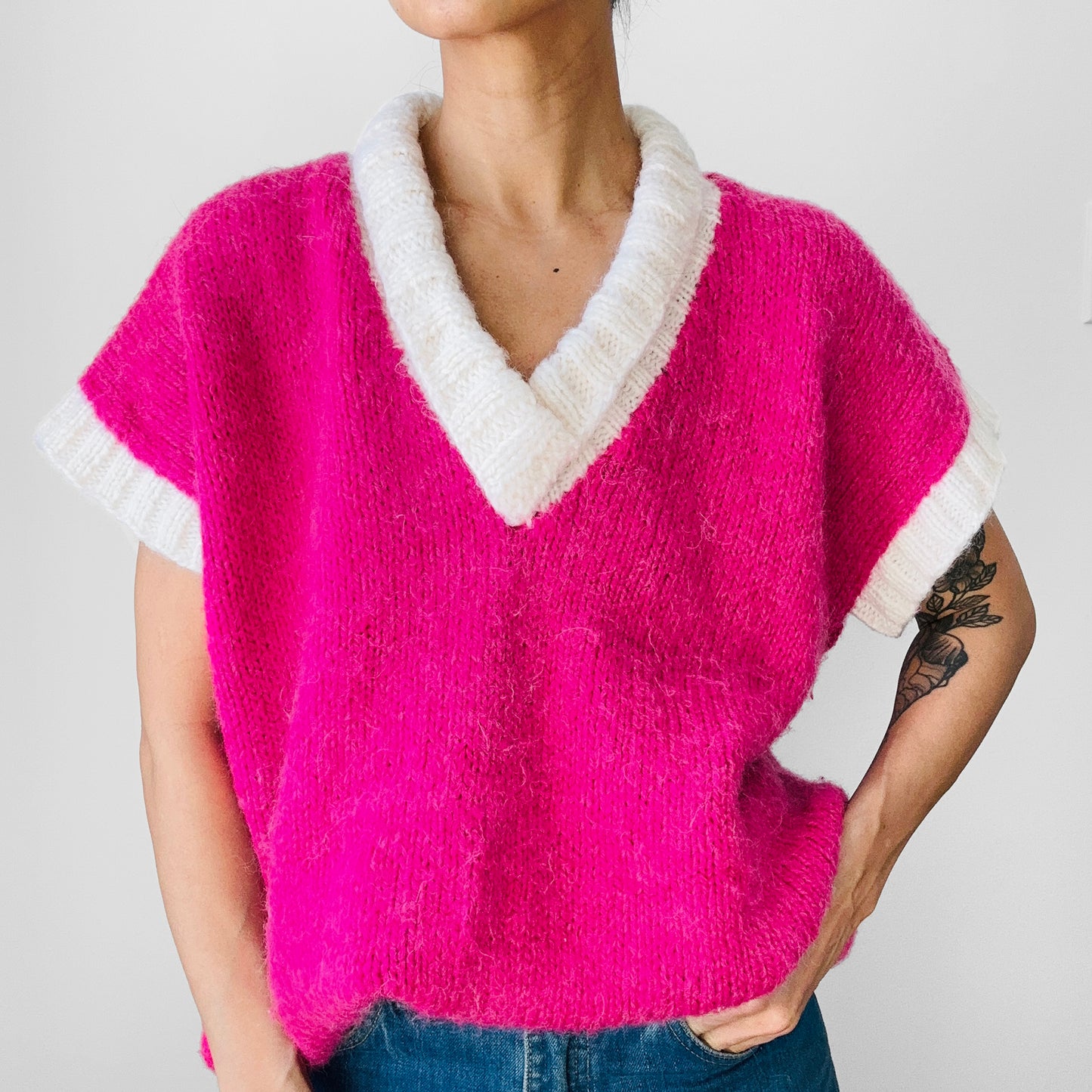 1980s Hot Pink and White Oversized V-Neck Soft Mohair Blended Knit Sweater